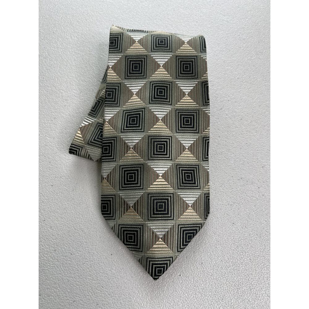 Siena Collezione Green, Brown Geometric Pattern 100% Silk Handmade Tie NWOT